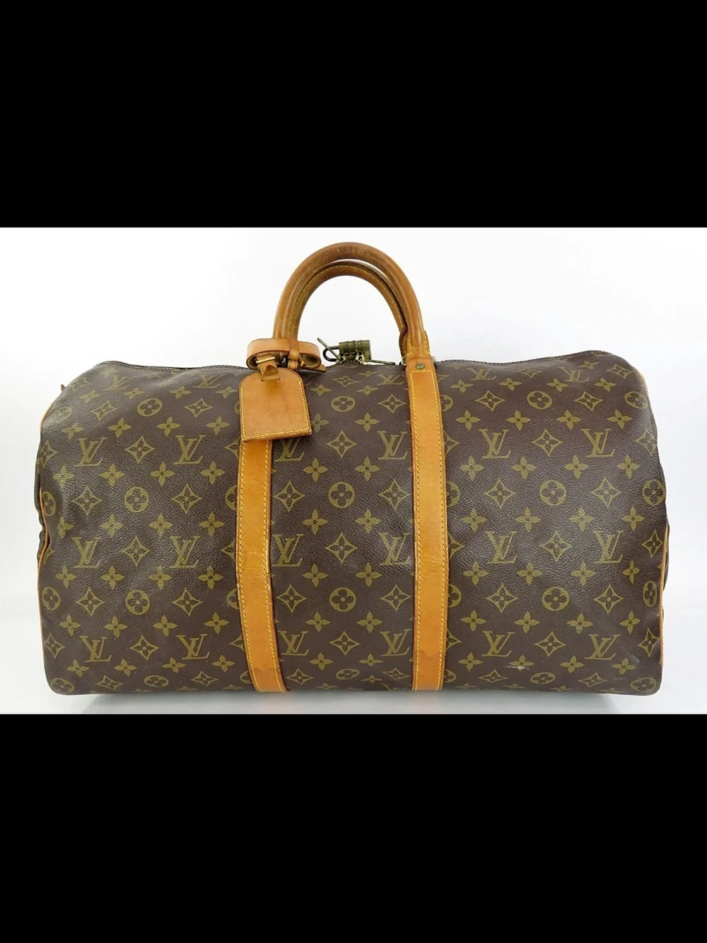 Louis Vuitton Brown Monogram Keepall Duffel with Tan Leather Trim